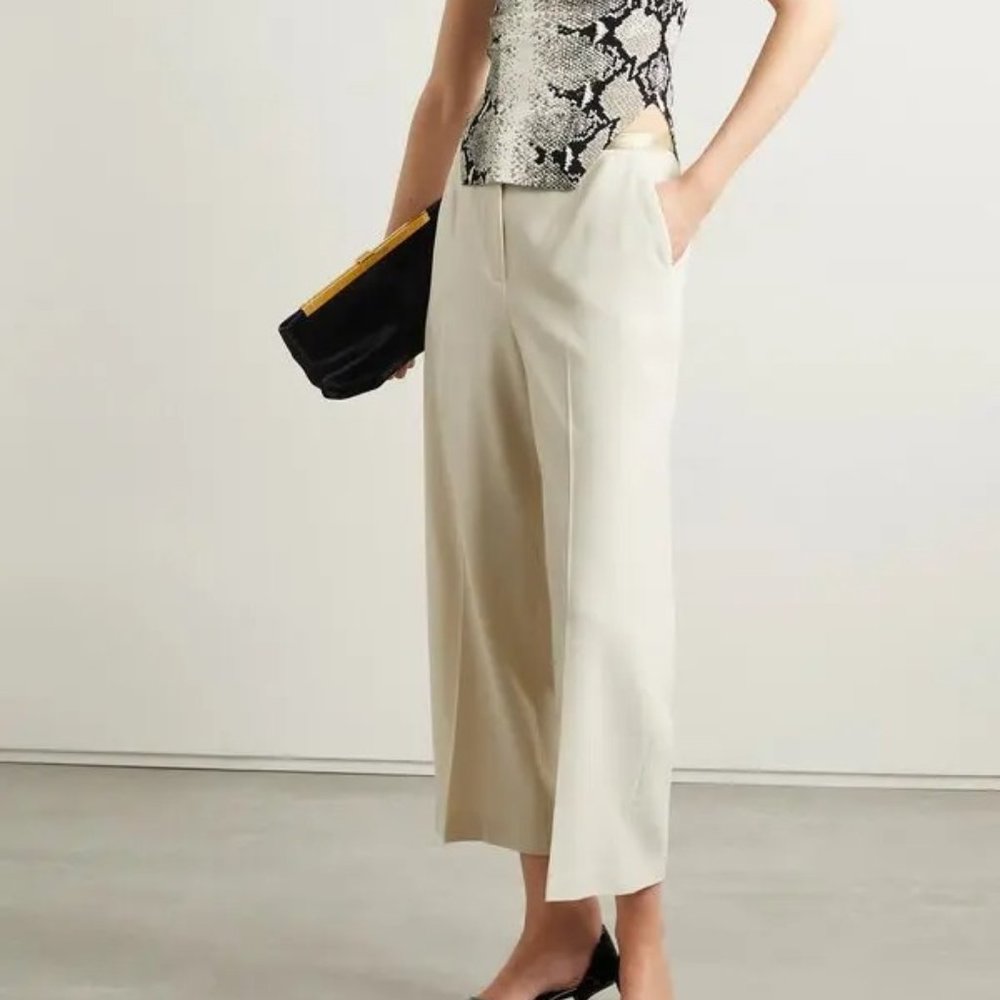 Khaite Pheadra Satin-Trimmed Wool-Blend Wide-Leg Pants in Cream Size 10 NWT - Picture 2 of 7